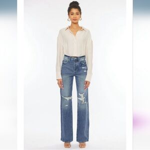 KanCan High Rise Straight Leg Distressed Blue Jeans